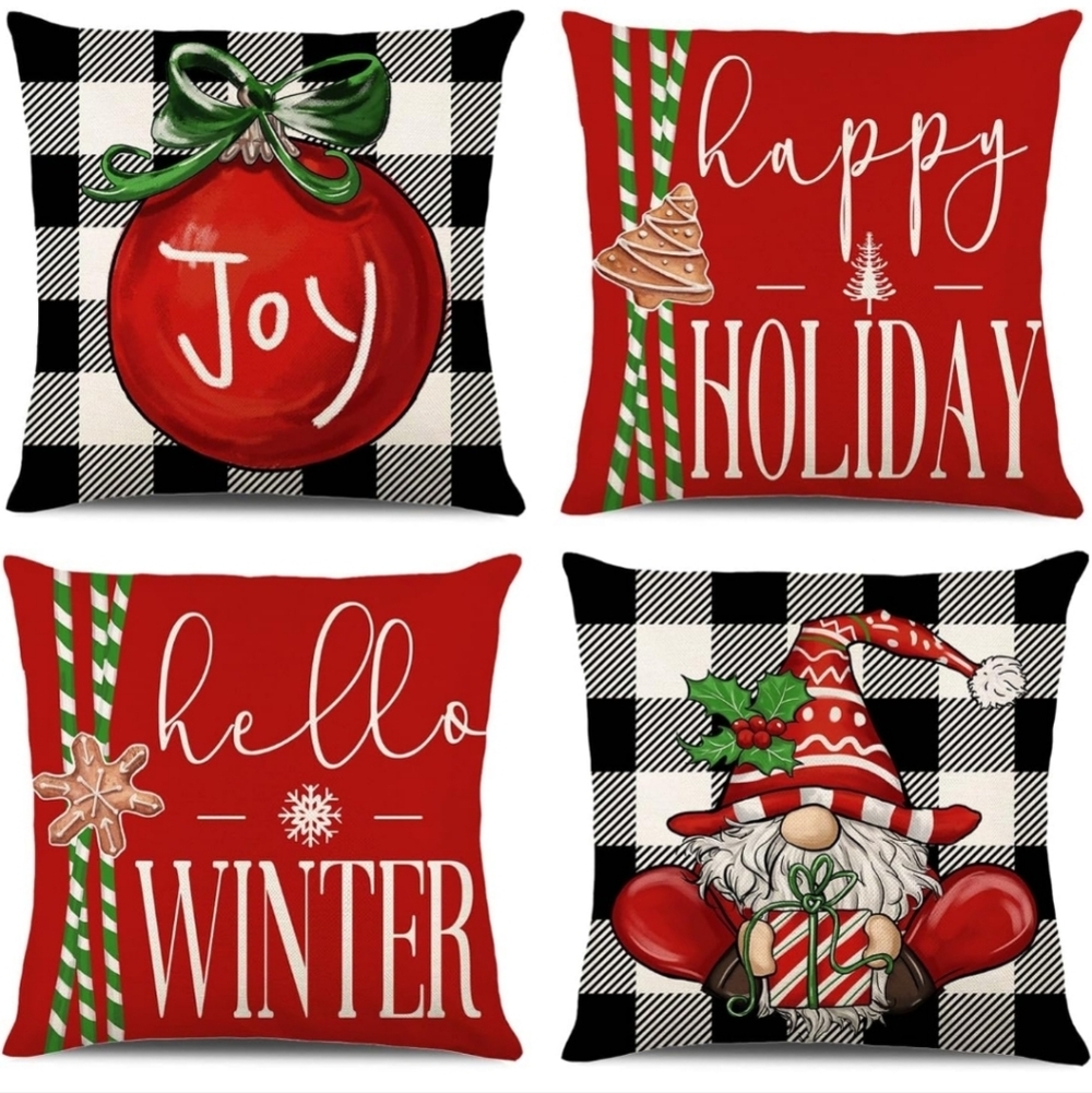 Merry Christmas Joy Xmas Trees Red Throw Pillow Covers, 18 x 18 Inch Christmas W